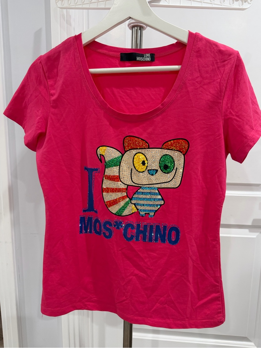 Love Moschino T-Shirt Size 4 Cat Print Sequins multicolor Pink READ!